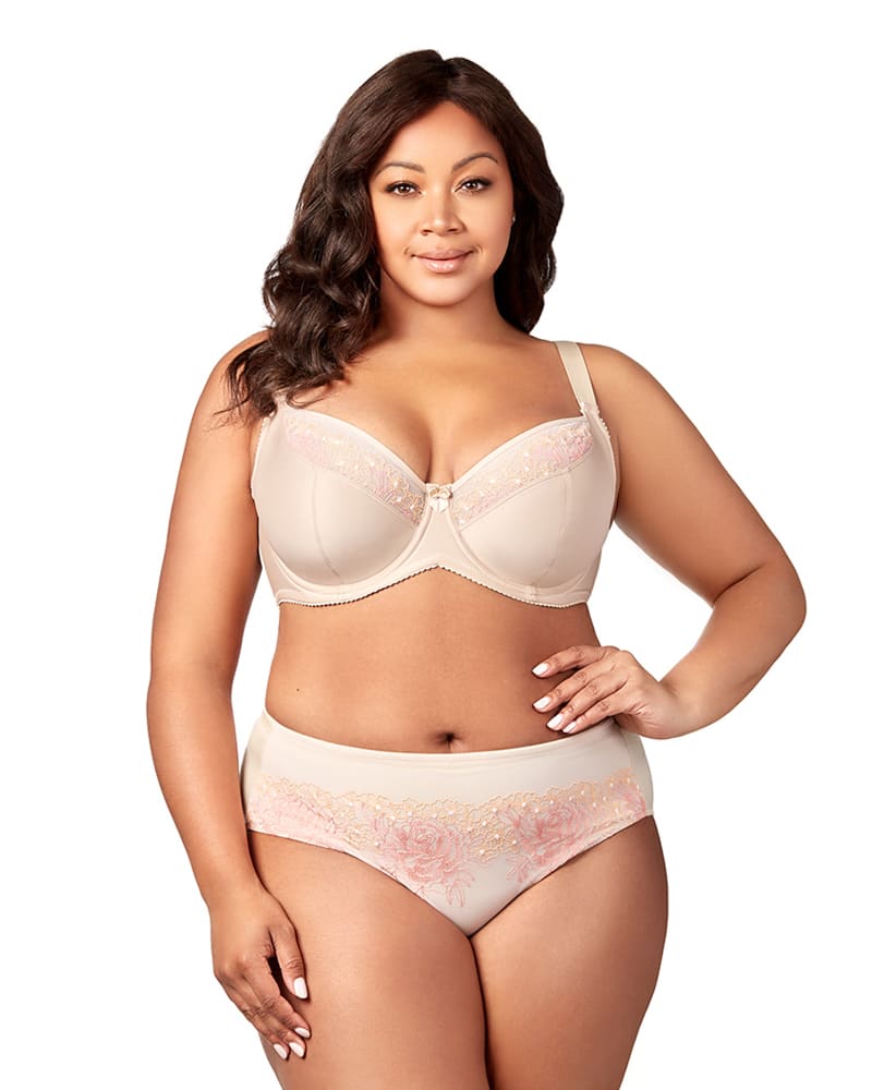 Front of a model wearing a size 42G Elila Women's Star Curves Underwire Bra in Beige by Elila. | dia_product_style_image_id:322247